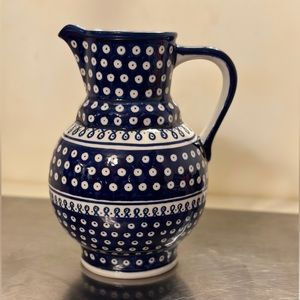 Polish Pottery Large Hand Painted Blue and White Pitcher